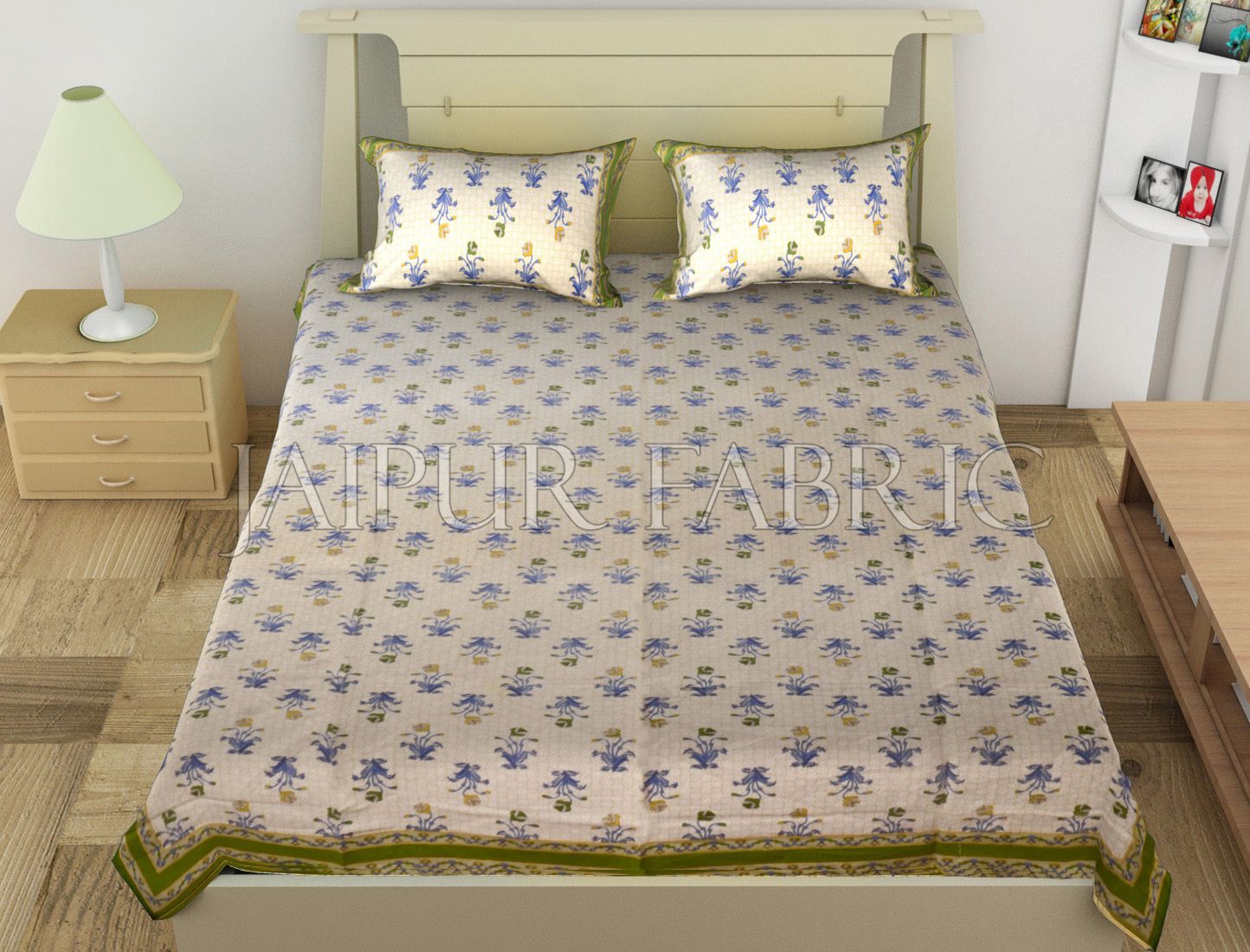 Green Border Trellis Base Floral Printed Cotton Single Bed Sheet