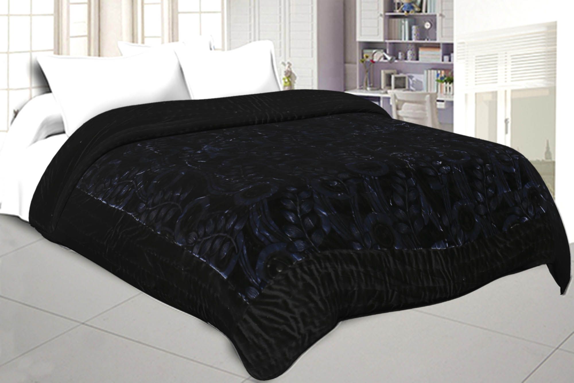 Jaipuri Hand Crafted Black Feather  Print Velvet Double Quilt/Rajai