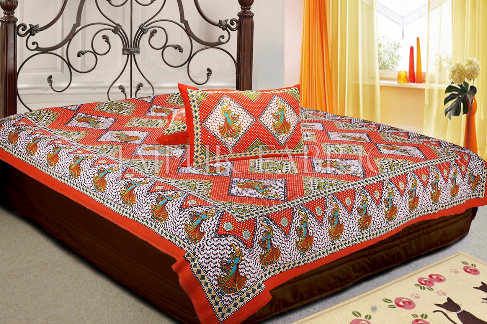 Red and Orange Border With Beige Color Design Double Cotton Bed Sheet