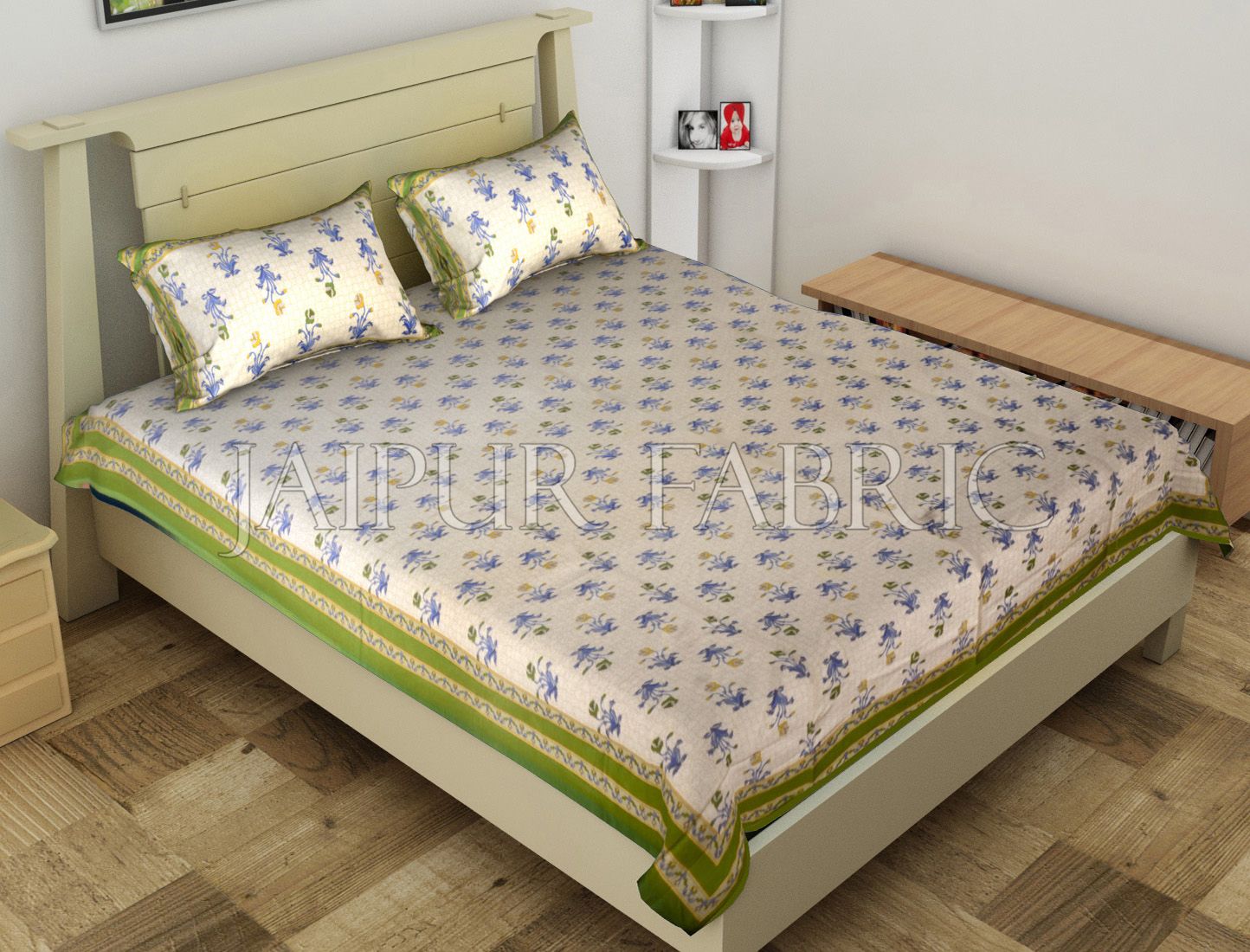 Green Border Trellis Base Floral Printed Cotton Single Bed Sheet