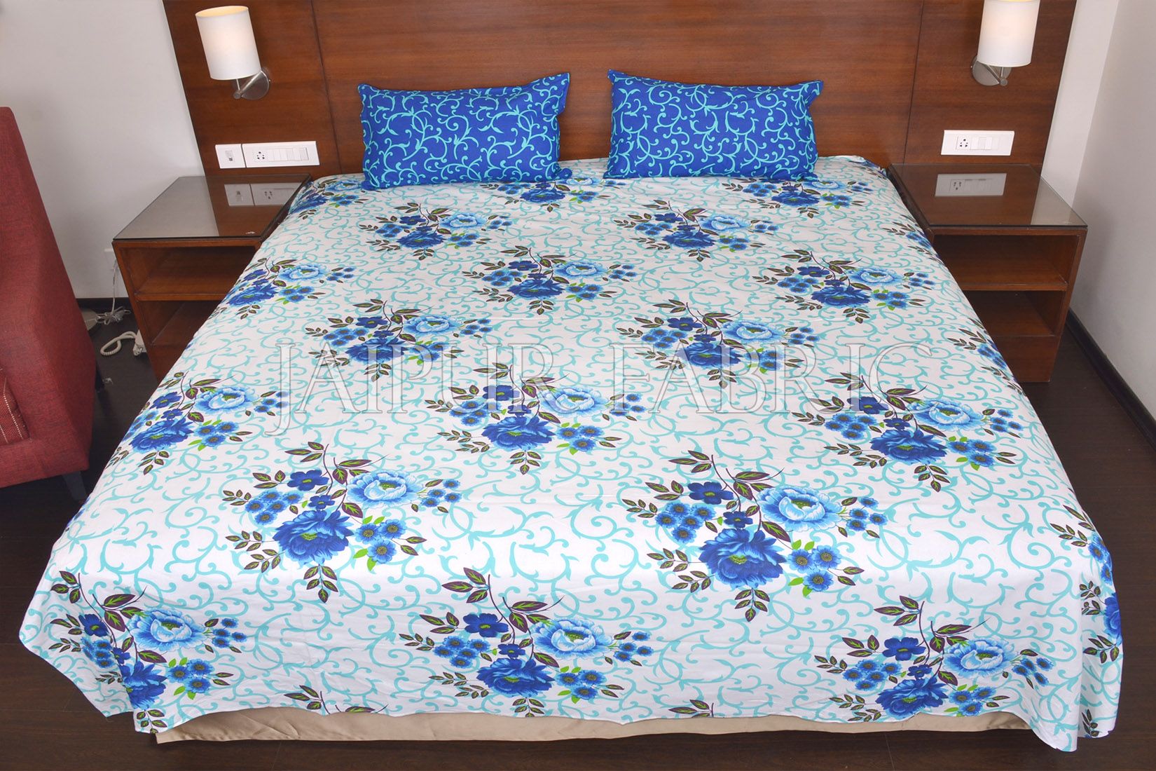 Blue Leaf Print Cotton Double Bed Sheet