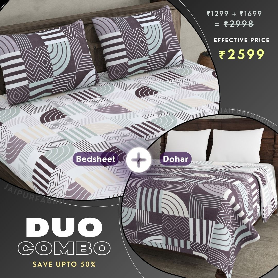 Geometric Maze Purple and Off White Dohar and Bedsheet Combo