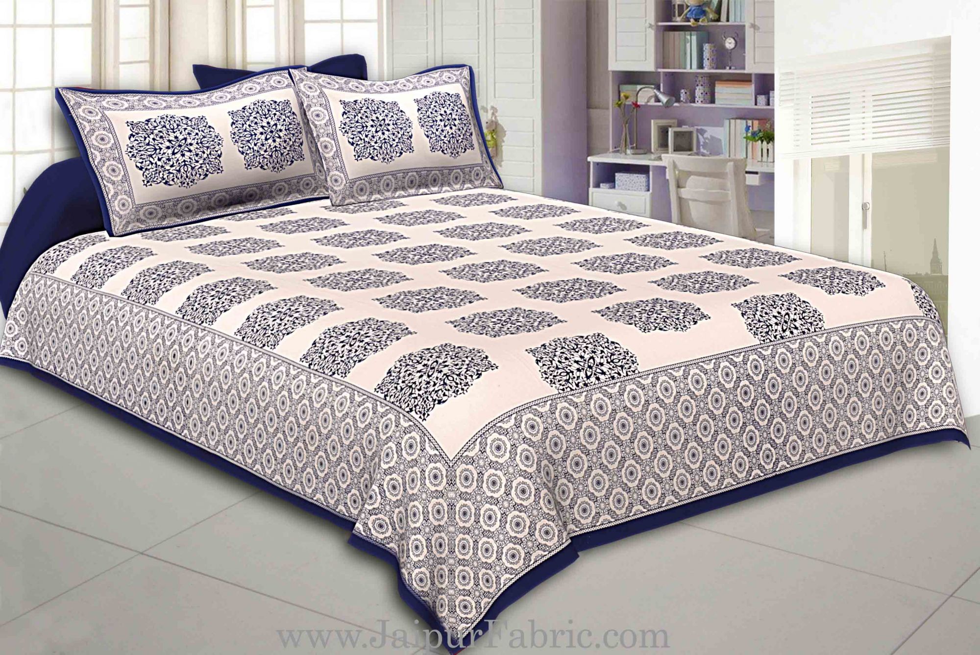 Blue Border With big Boota Super fine cotton Double bedsheet