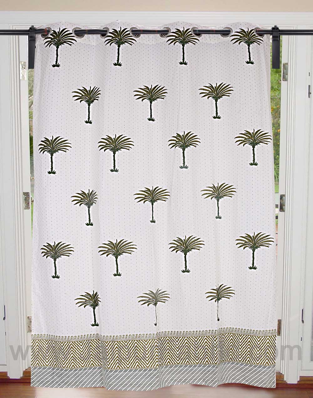 Forest Green Palm Polka Cotton Grommet Curtain