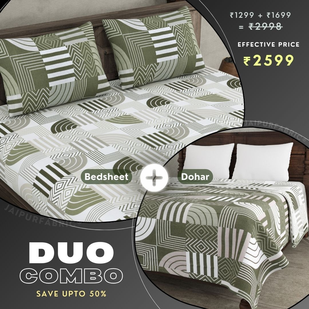 Geometric Maze Green and Off White Dohar and Bedsheet Combo