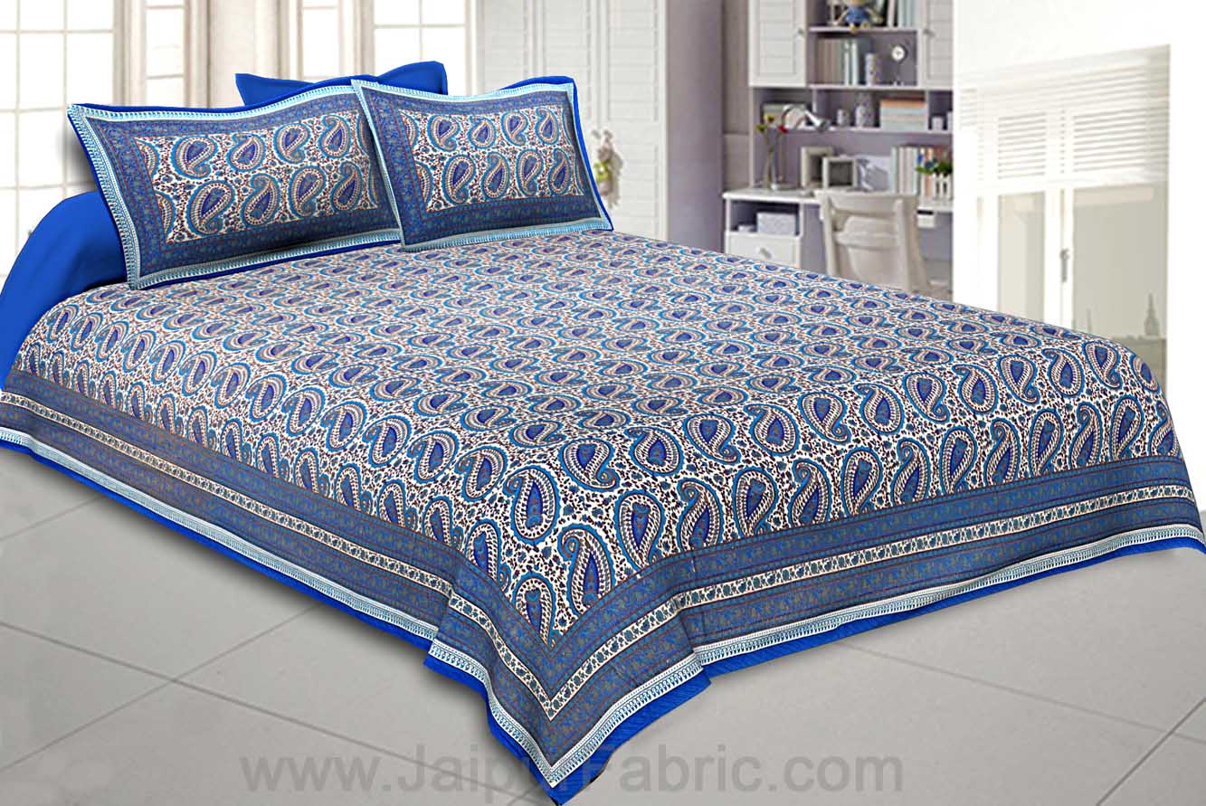 Brilliant Blue Gold Paisley Double Bedsheet