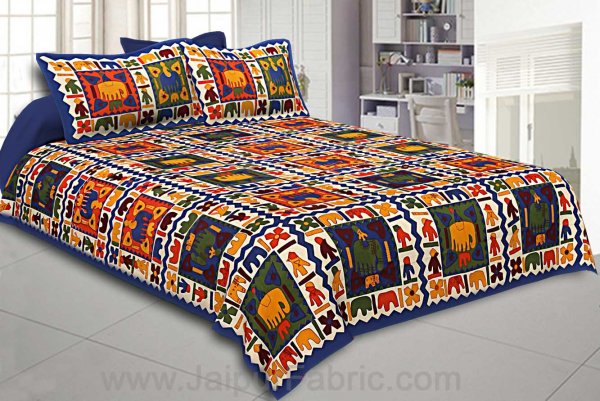 Blue Border Elephant Pattern Screen Print Double Bed Sheet