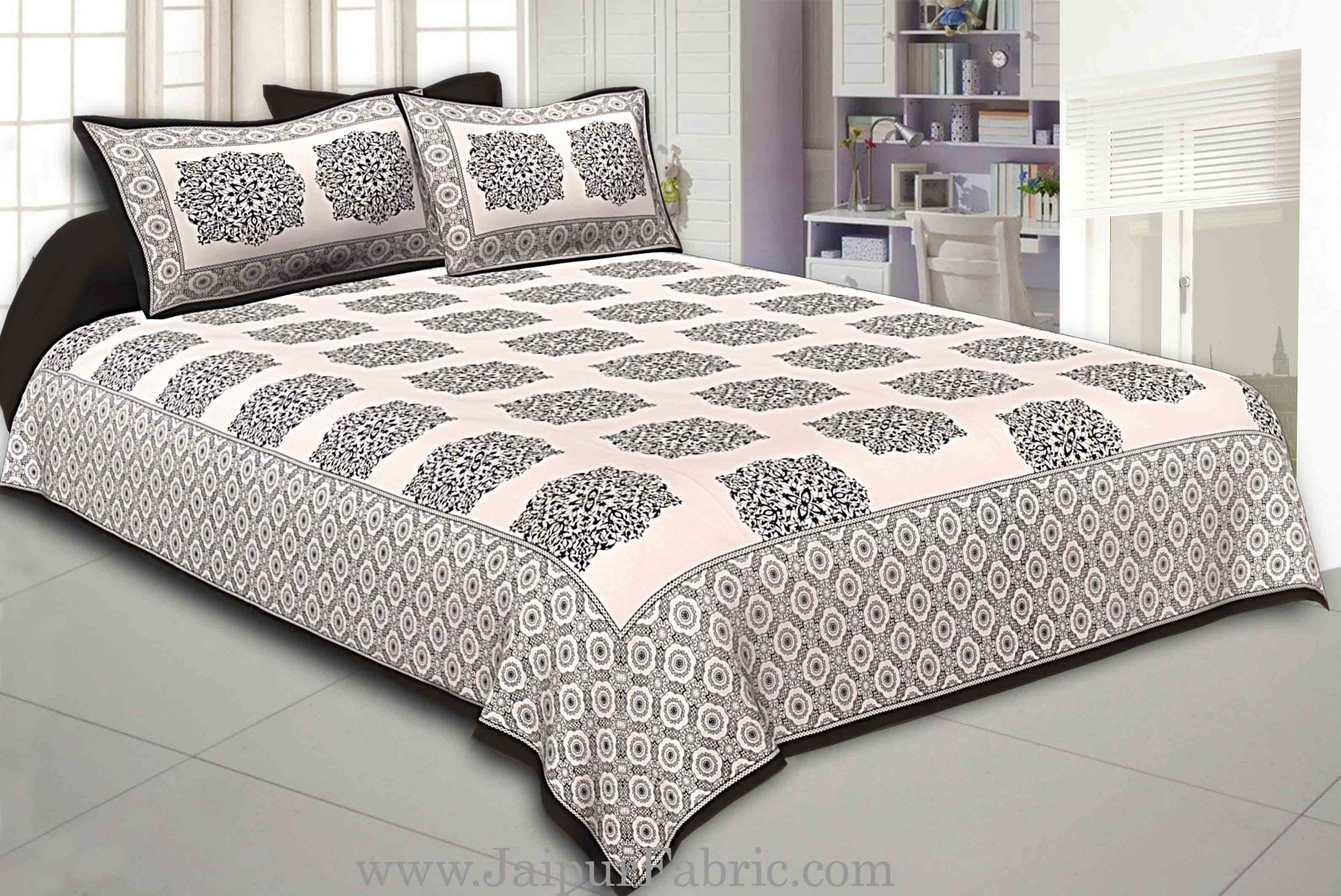 Black Border With big Boota Super fine cotton Double bedsheet