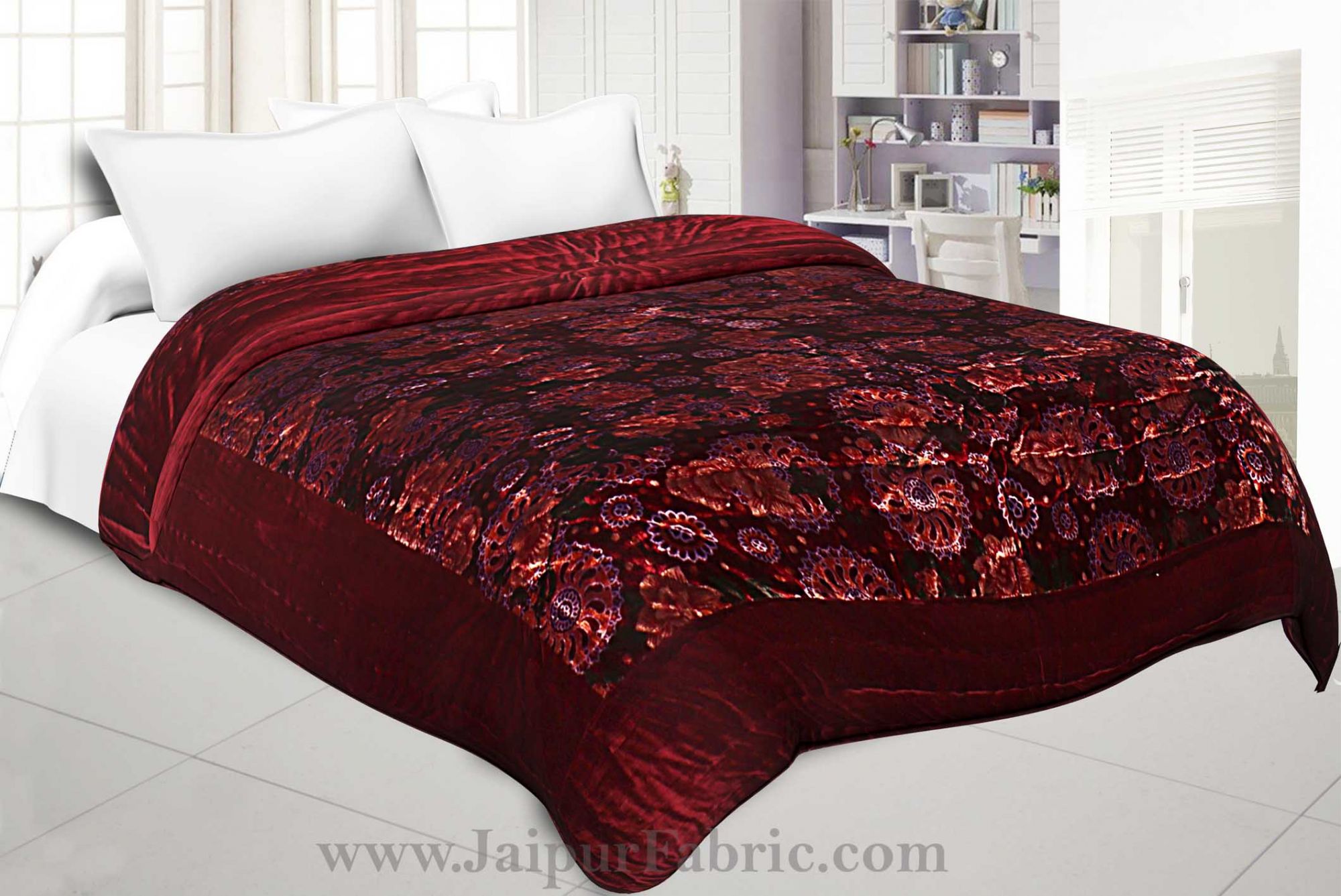 Velvet Cloth Double Bed Quilt Jaipuri Razai Dark Maroon Shaneel Rajai by Jaipur Fabric