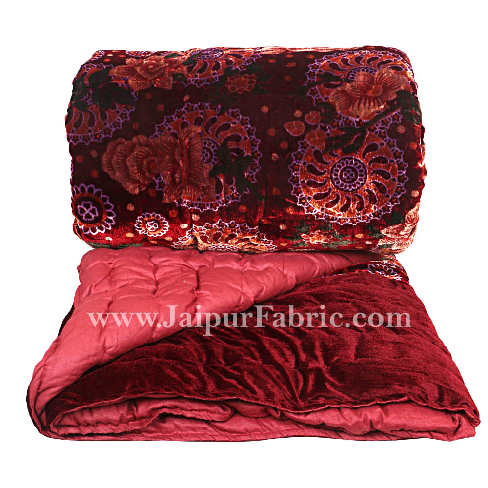 Velvet Cloth Double Bed Quilt Jaipuri Razai Dark Maroon Shaneel Rajai by Jaipur Fabric