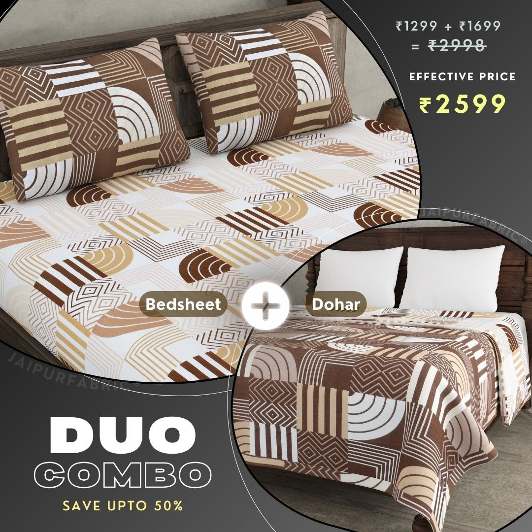 Geometric Maze Brown and Off White Dohar and Bedsheet Combo