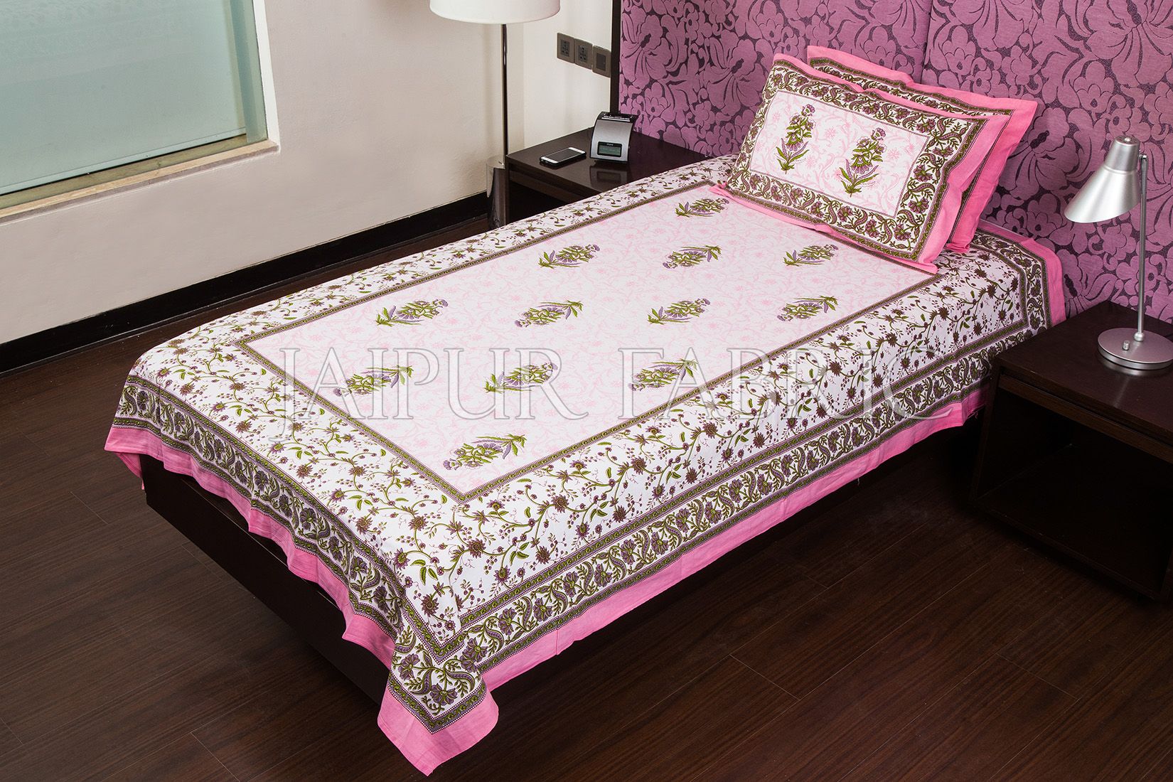 Pink Floral Print Cotton Single Bed Sheet