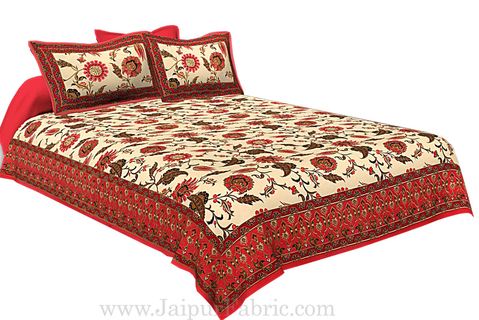 Red Border Multi Floral Golden Print Fine Cotton Double Bedsheet With Two Pillow