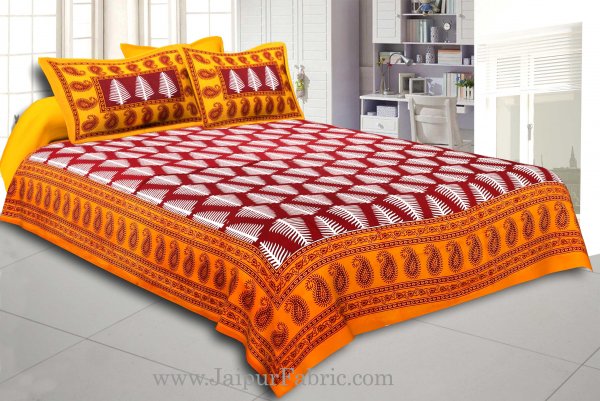 Yellow Border  Maroon Base White Large Leaf  Cotton Double Bed Sheet