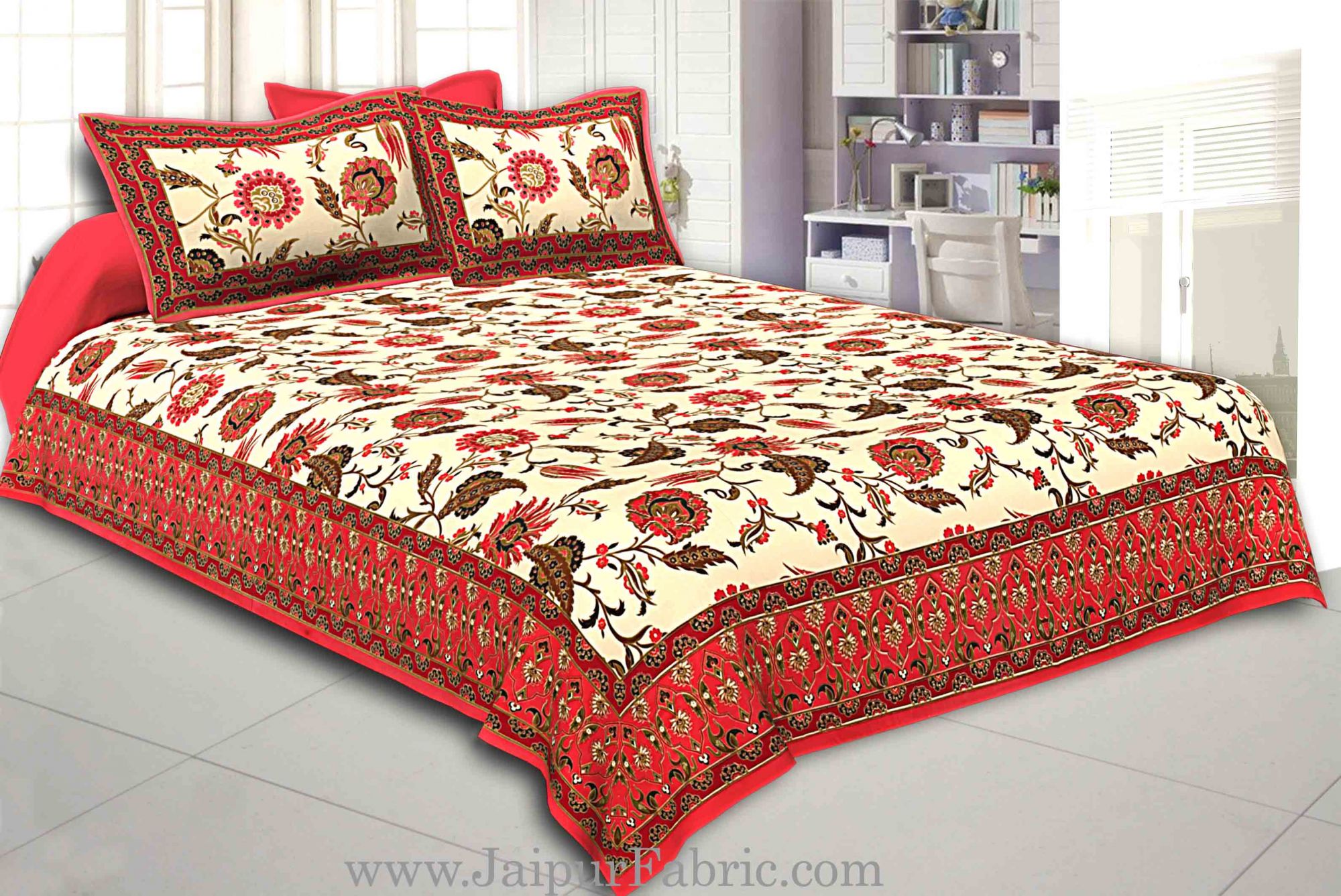 Red Border Multi Floral Golden Print Fine Cotton Double Bedsheet With Two Pillow