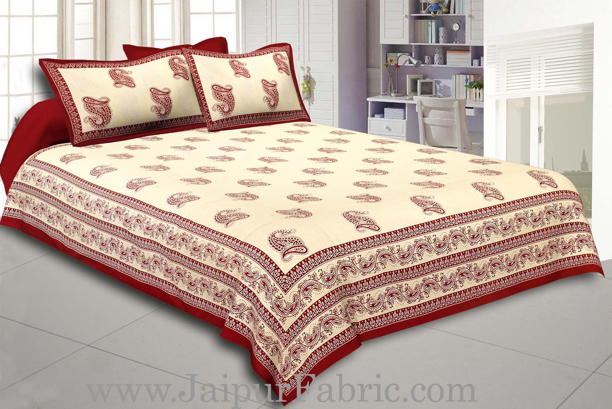 Maroon Border Cream Base Maroon Paisley Print Cotton Double Bed Sheet