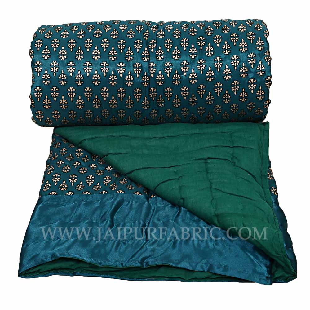 Jaipuri Single Quilt/Razai  Dark Green Golden Print