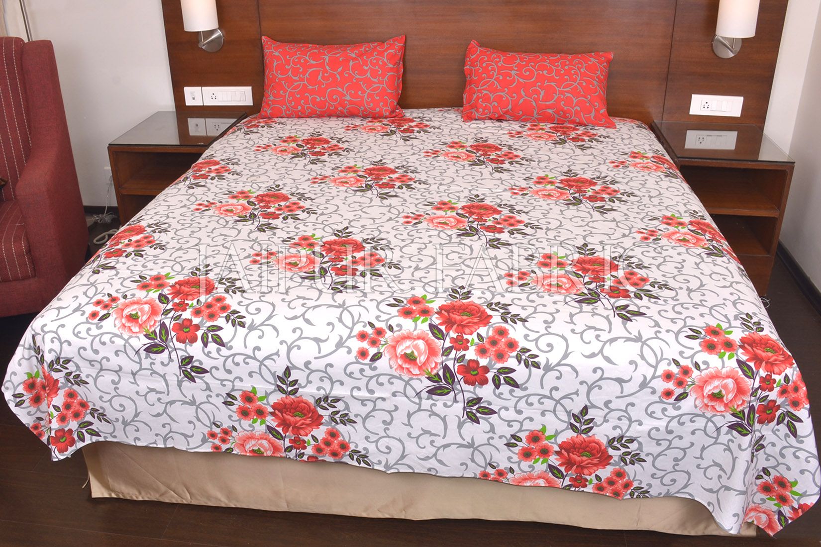 Red Leaf Print Cotton Double Bed Sheet