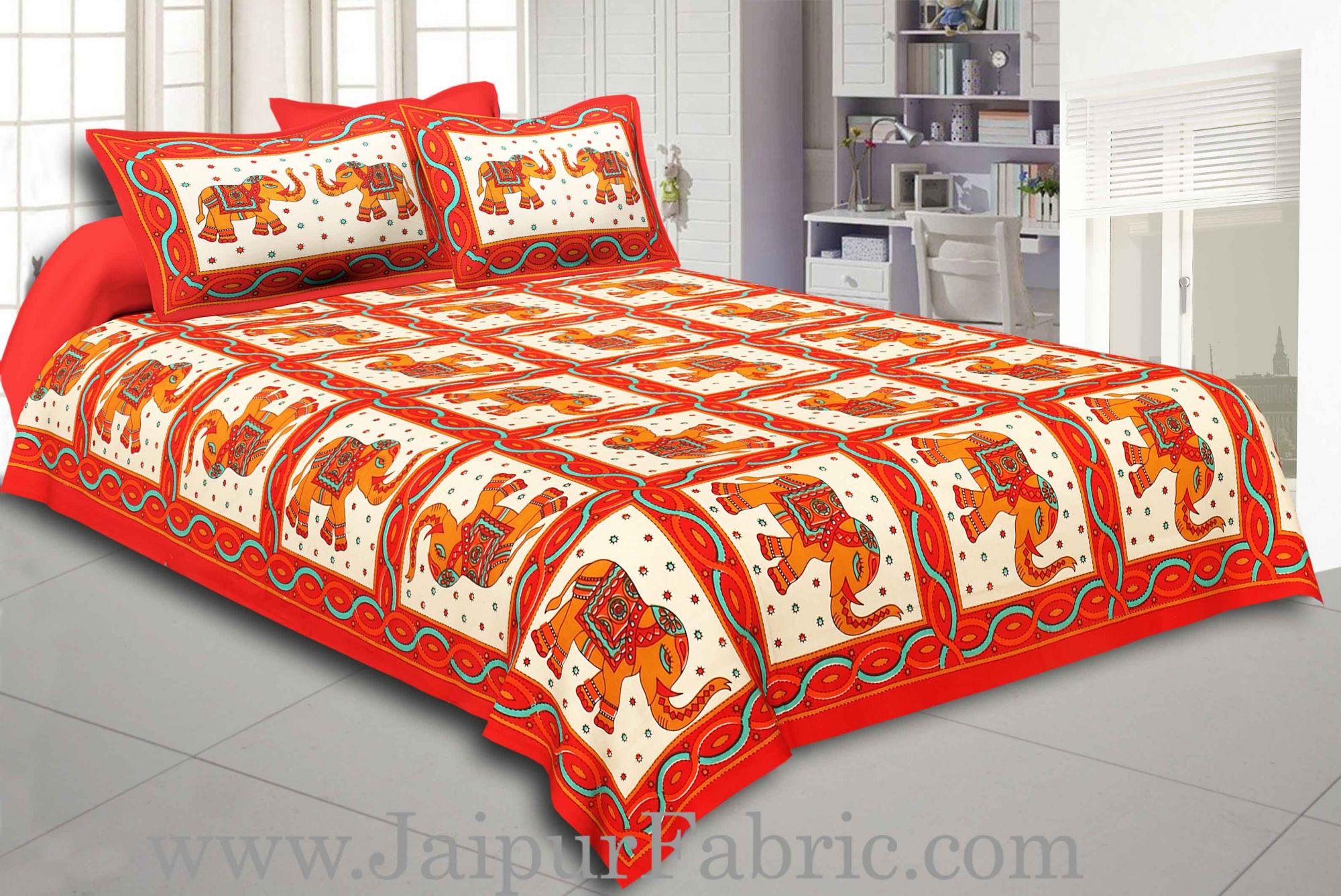 Maroon Border Elephant Design Pure Cotton Double Bedsheet With Pillow Cover