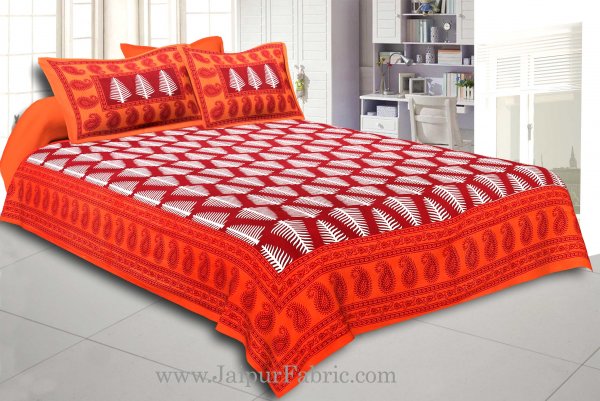 Orange Border  Maroon Base White Large Leaf  Cotton Double Bed Sheet