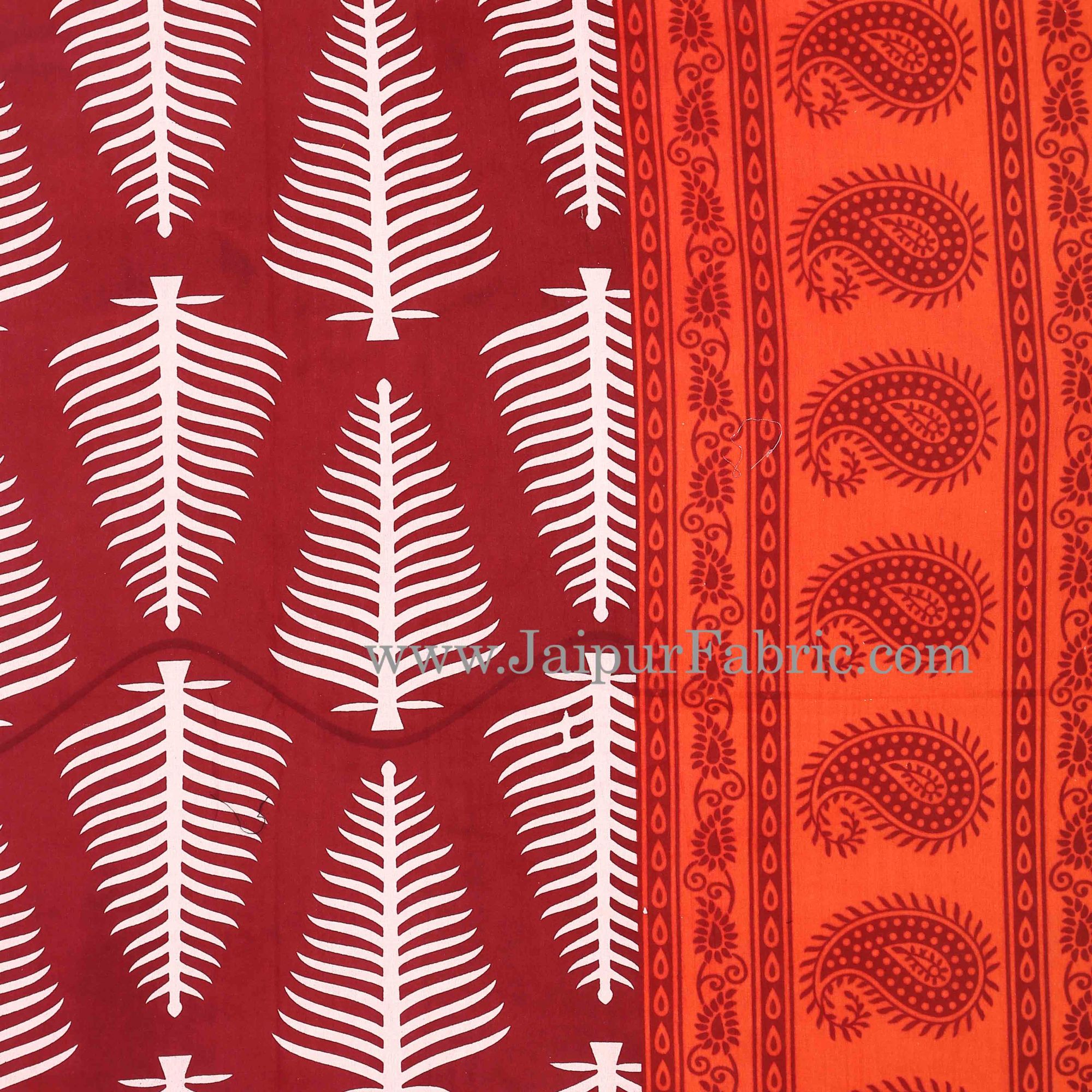 Orange Border  Maroon Base White Large Leaf  Cotton Double Bed Sheet