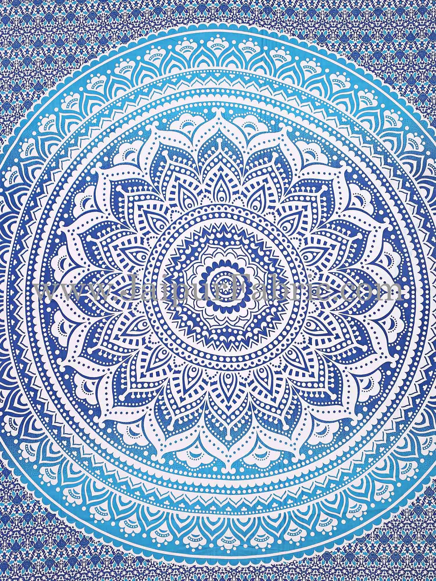 Blue Mandala Tapestry with white hippie indian traditional wall hanging and beach throw