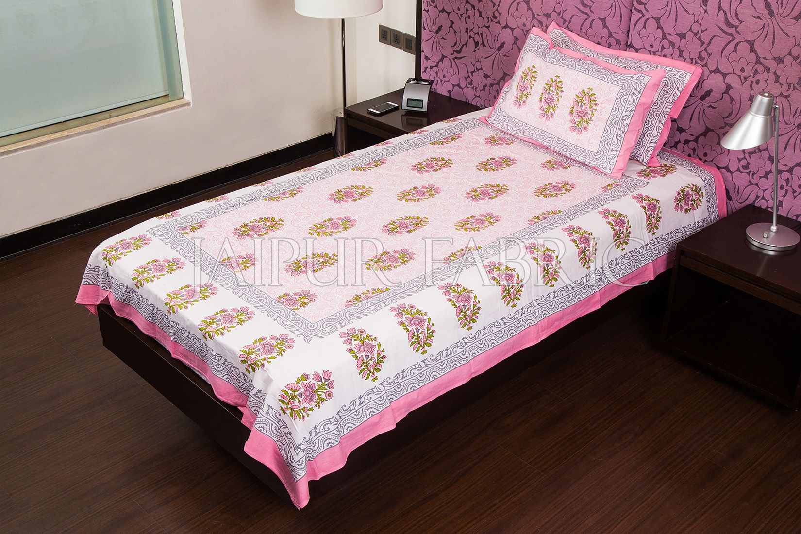 White Base Pink Floral Print Cotton Single Bed Sheet