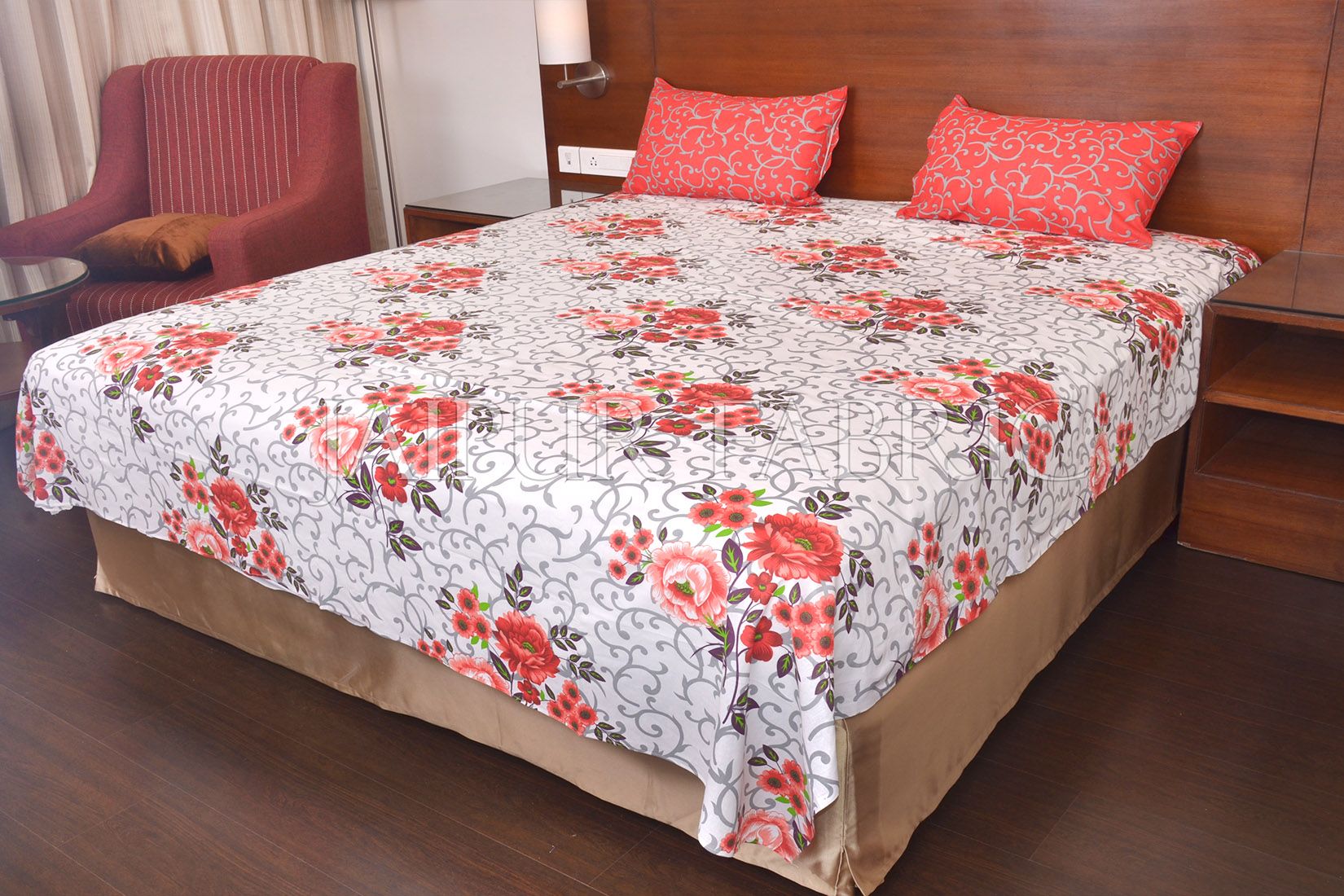 Red Leaf Print Cotton Double Bed Sheet