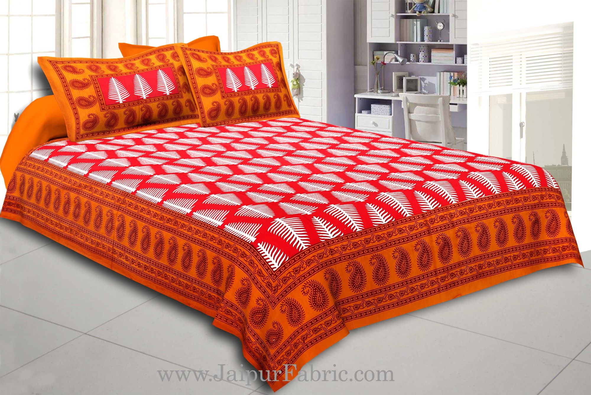 Brown Border  Red Base White Large Leaf  Cotton Double Bed Sheet