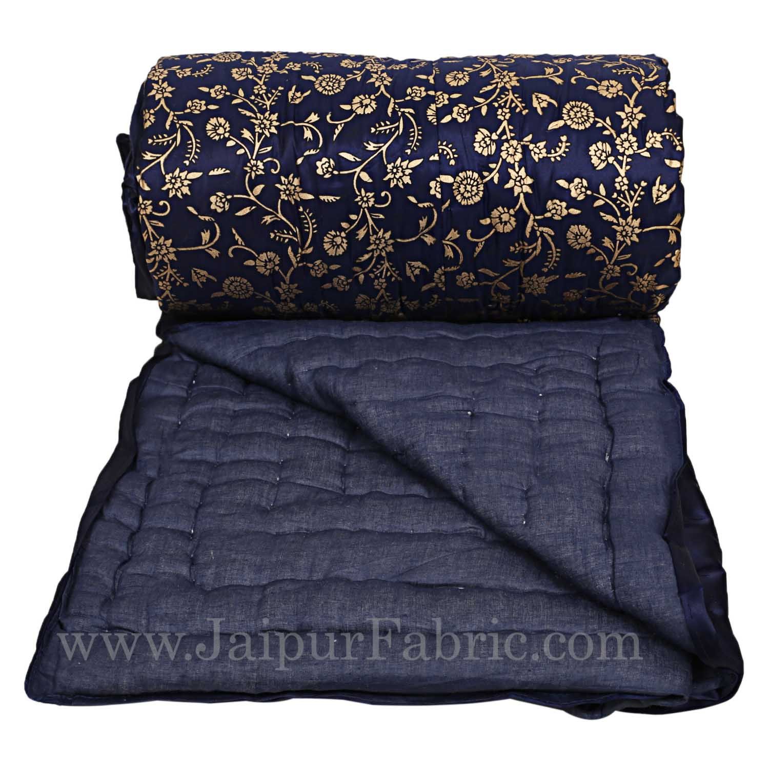 Jaipuri Quilt/Razai Blue Floral Golden Print