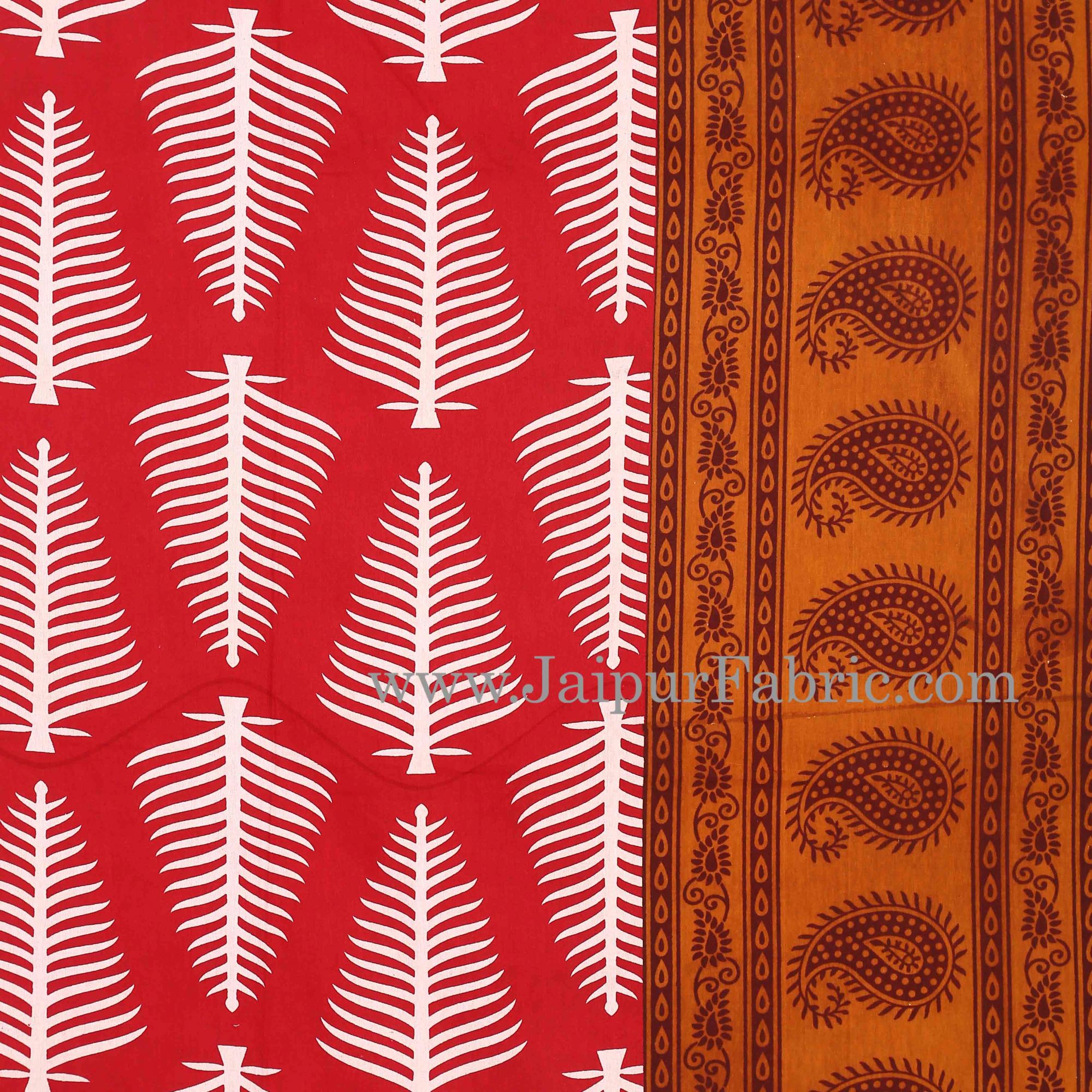 Brown Border  Red Base White Large Leaf  Cotton Double Bed Sheet