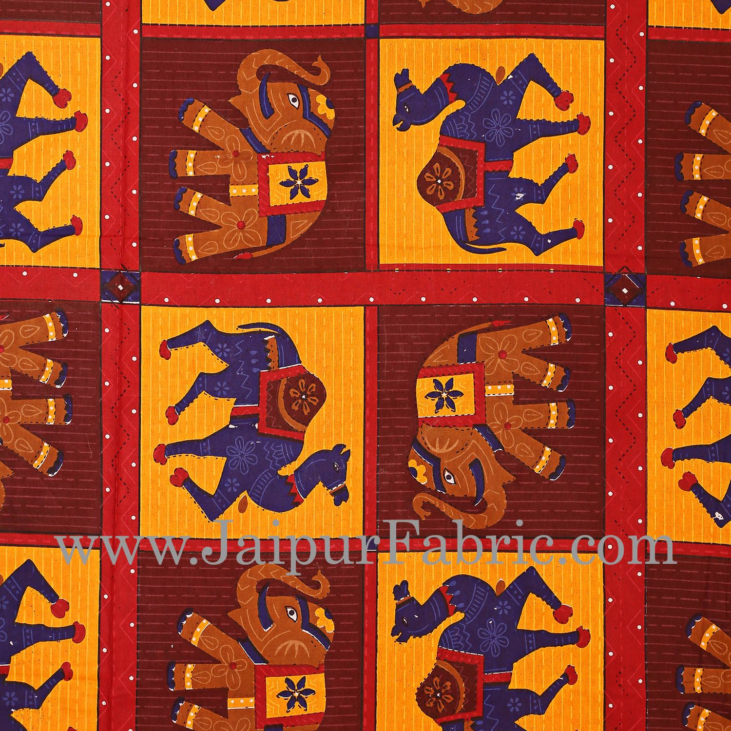 Maroon Lining And Dotted Border Camel And Elephant Print In Square Pattern Cotton Double Bed Sheet