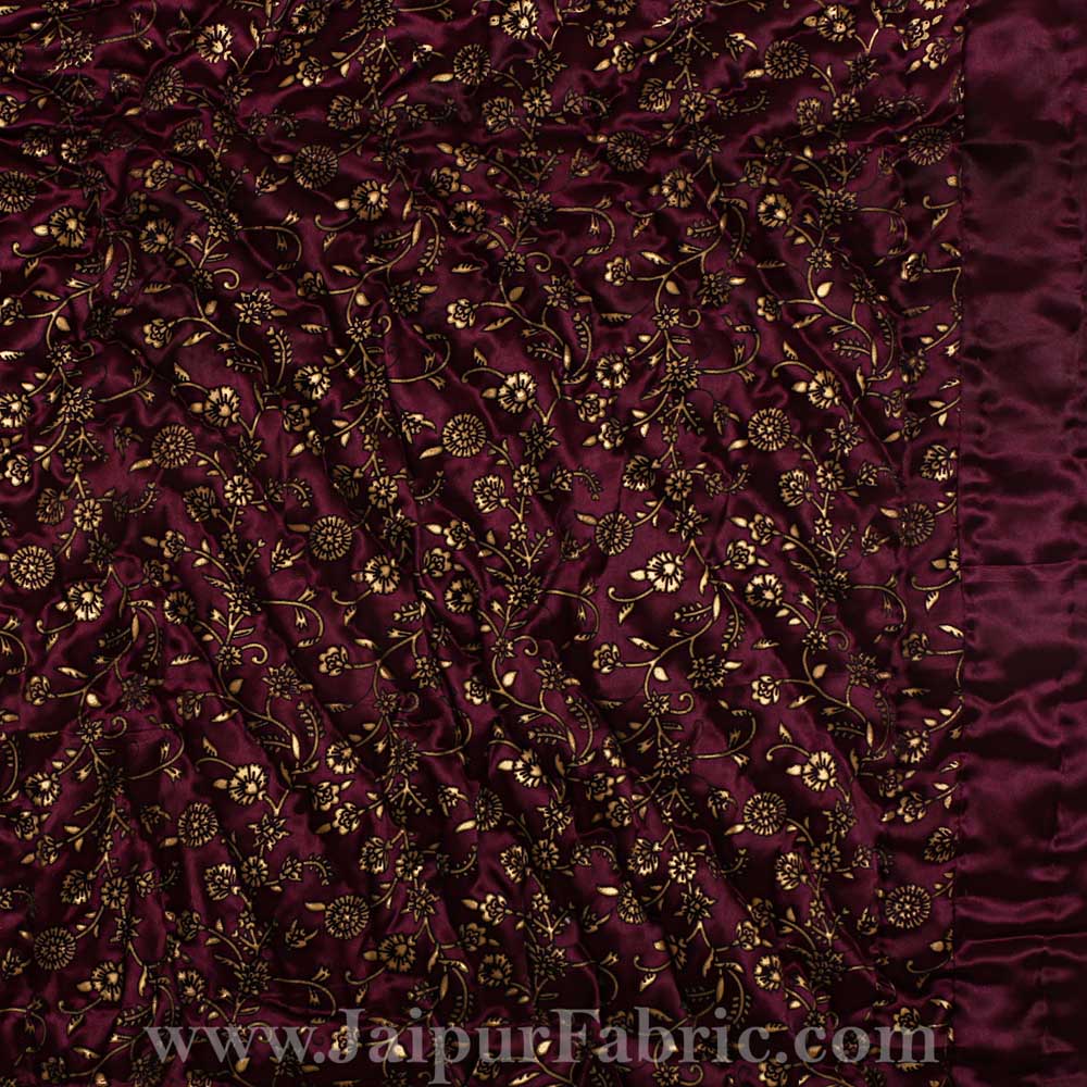 Purple Base Golden Floral Satin Silk Single Quilt