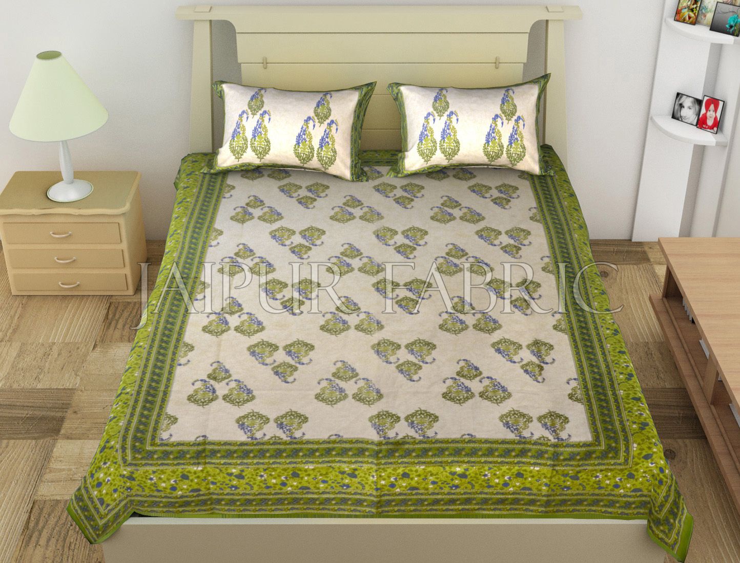 Green Border Boteh Printed Cotton Single Bed Sheet