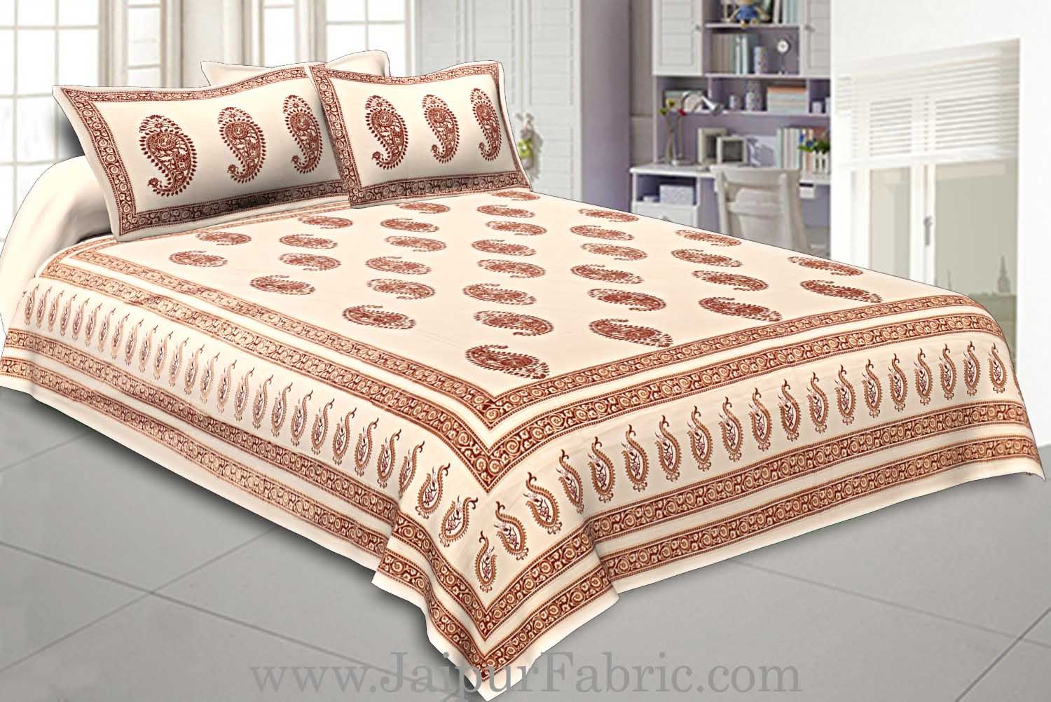 Double Cotton Bed Sheet  Cream  Base With Golden hand Block Paisley  Print