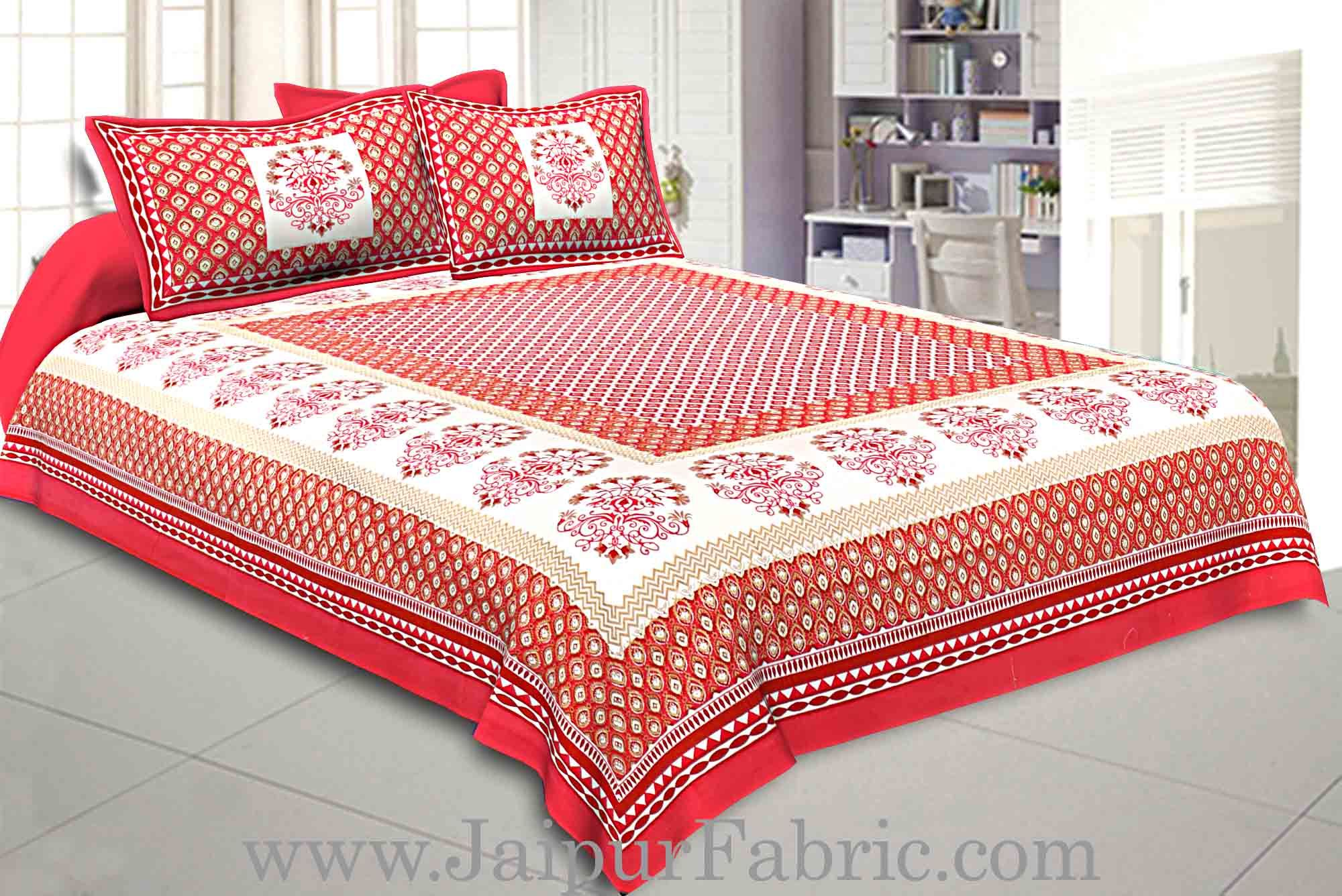 Double Bedsheet Crimson Red Geometric Floral Gold Print With 2 Pillow Covers