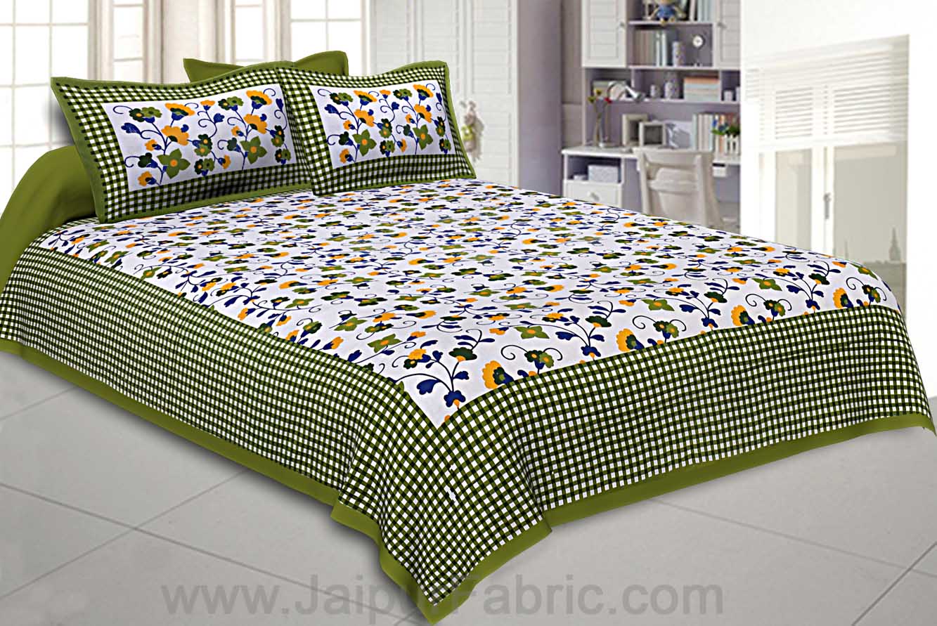 Floral Double Bedsheet Green Color Checkred Border With 2 Pillow Covers