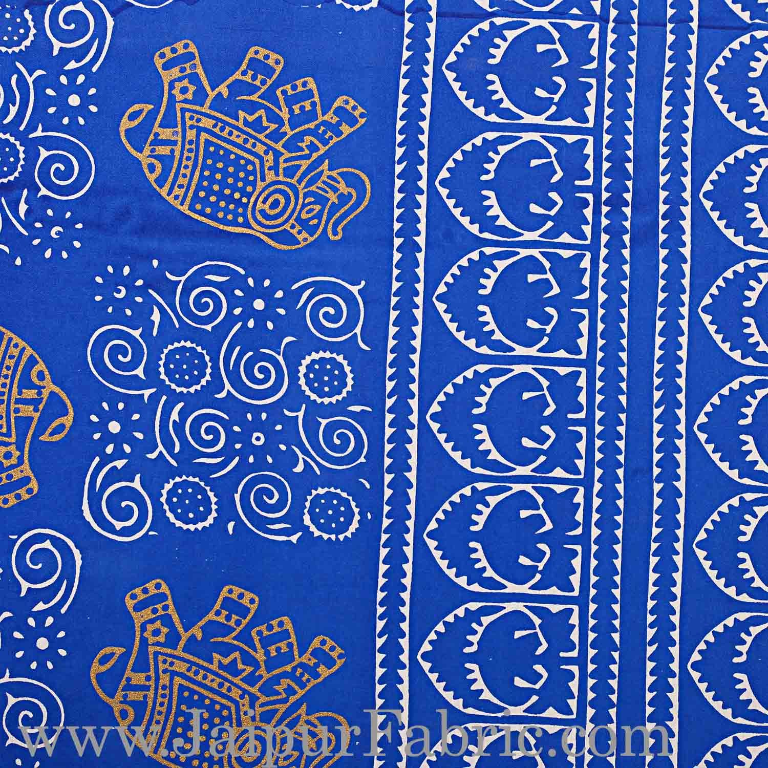 Double Bedsheet Royal Blue Border Golden Elephant Print With Two Pillow Cover