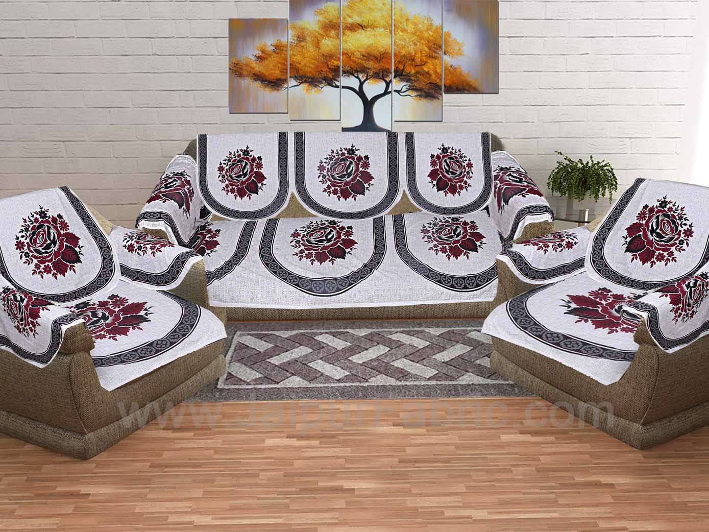 Wine Red Superfine Coton Rose Print Sofa Set Cover