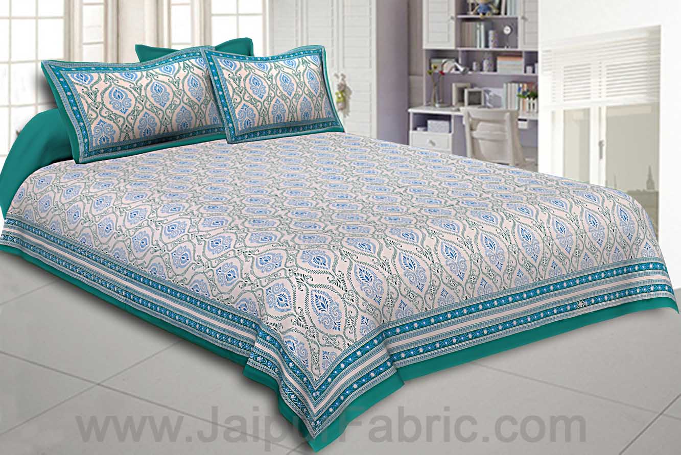 Double Bedsheet Rangoli Print Sea Green Border Fine Cotton