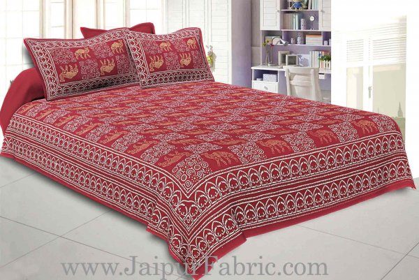 Double Bedsheet Maroon Border Golden Camel Print With Two Pillow Cover