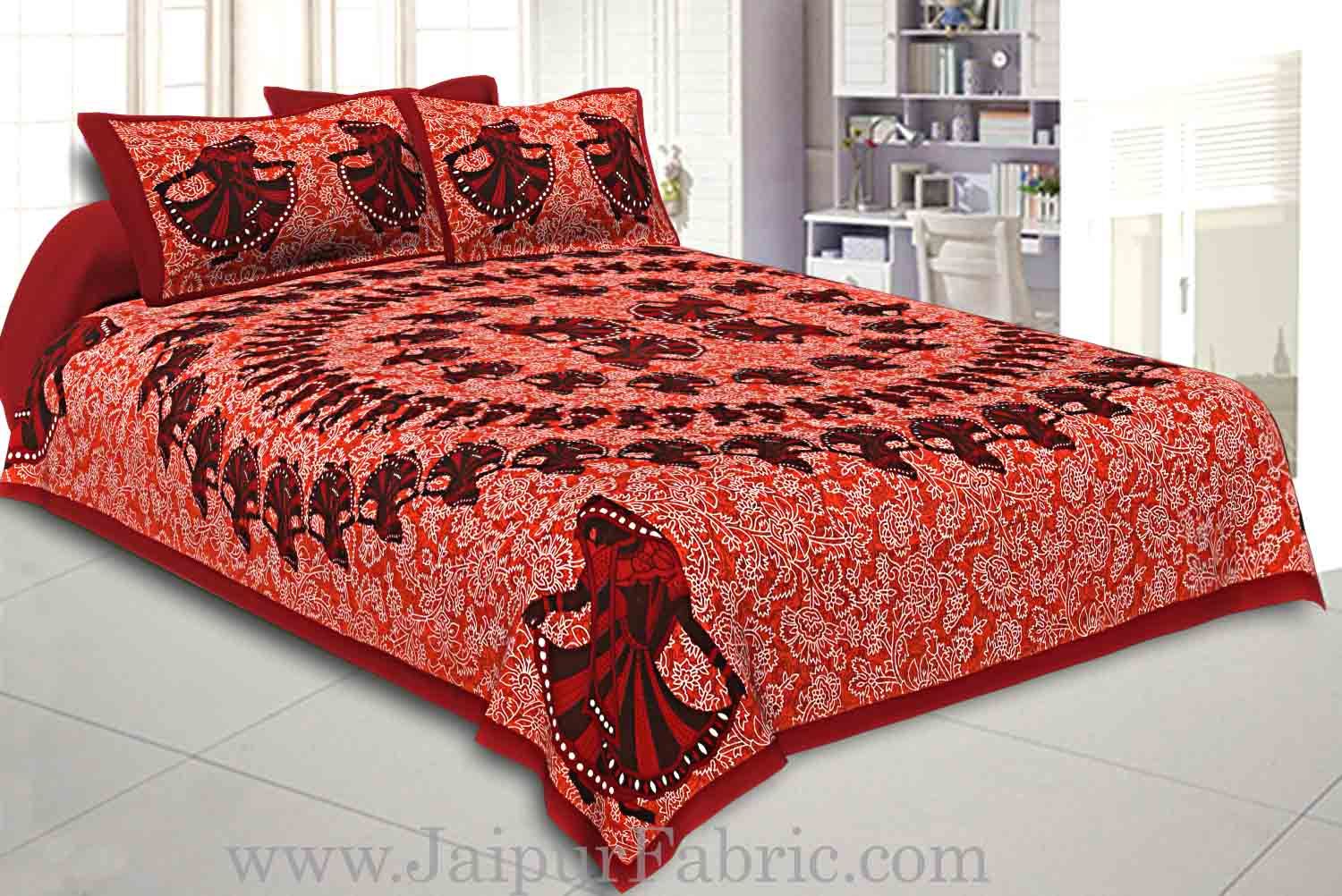 Double Bedsheet Dark Red Border Rajasthani Gujari Dance Print