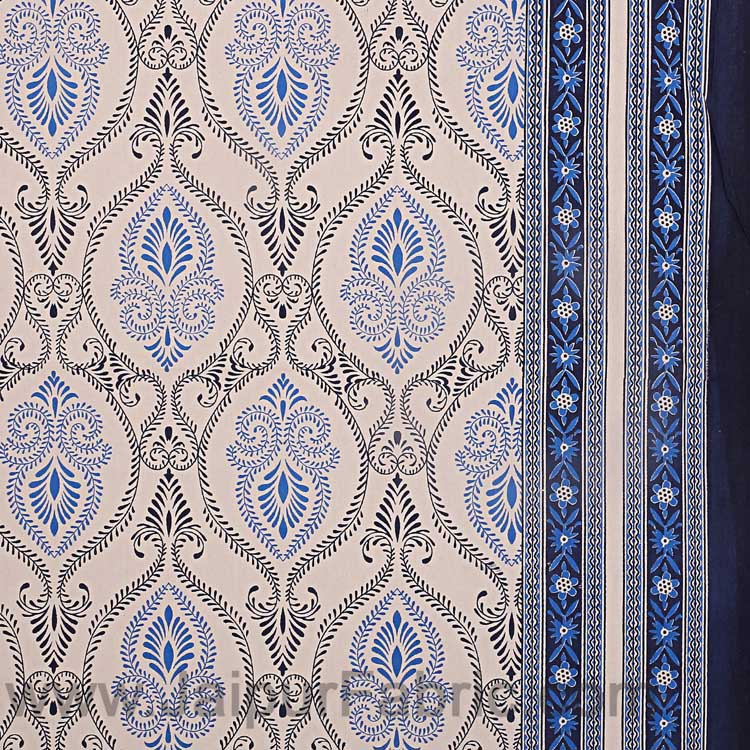 Double Bedsheet Rangoli Print Blue Border Fine Cotton