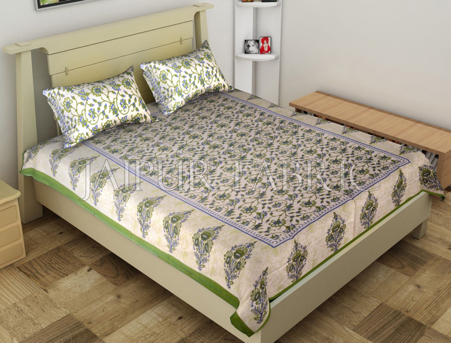 Green Border Anthemion Pattern Cotton Single Bed Sheet