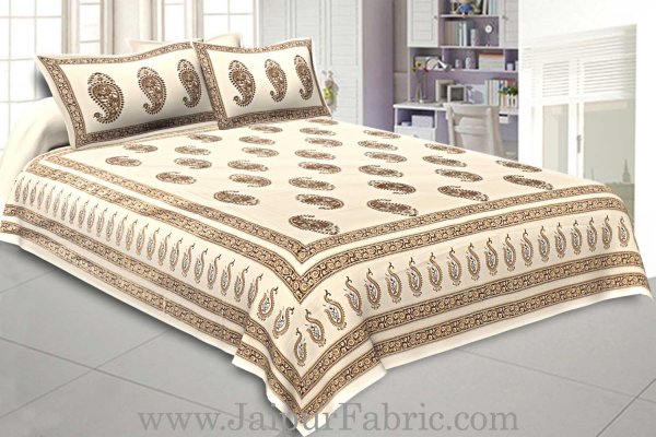 Double Cotton Bed Sheet  Cream  Base With Golden hand Block Paisley  Print