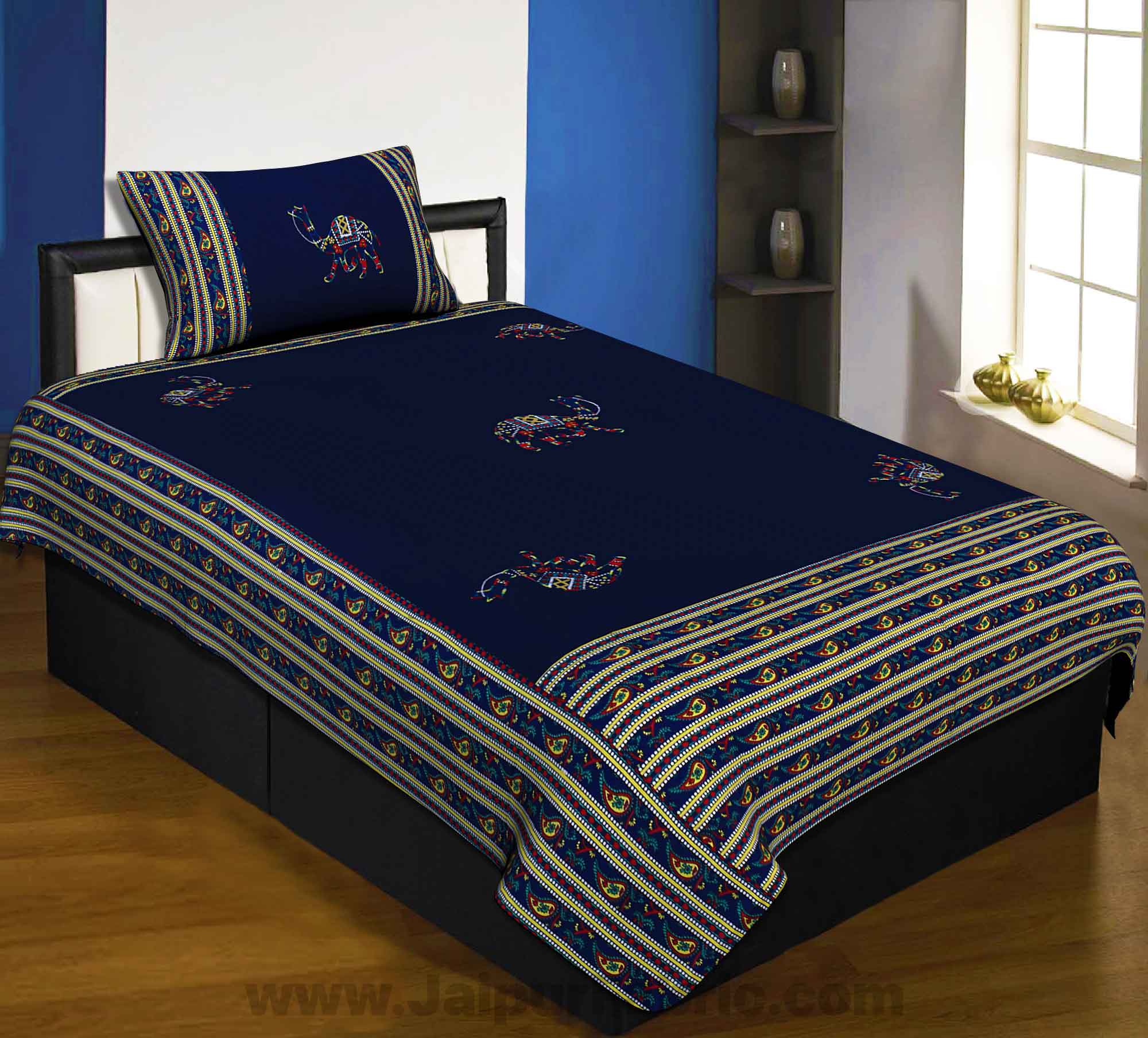 Applique Blue Camel Jaipuri  Hand Made Embroidery Patch Work Single Bedsheet