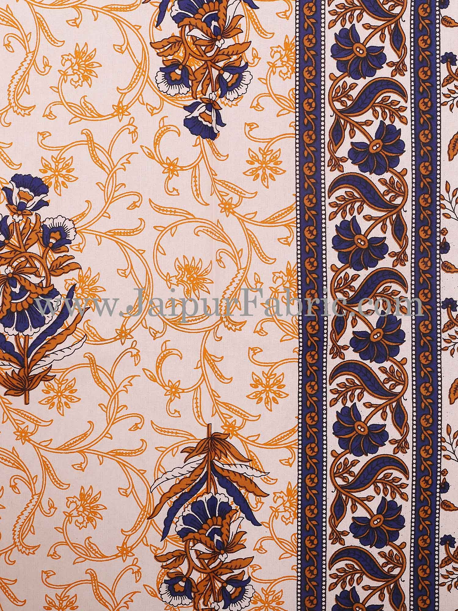 Yellow Border With Cream Base With  Small Mughal Print Cotton Double Bedsheet With Pillow Cover