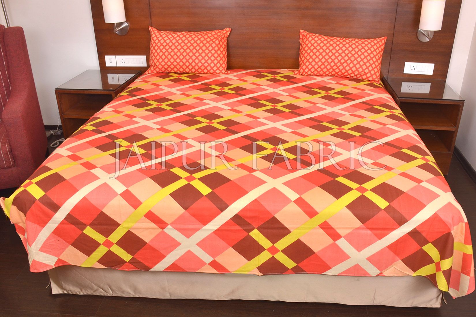 Peach Color Orange Square Print Double Bed Sheet