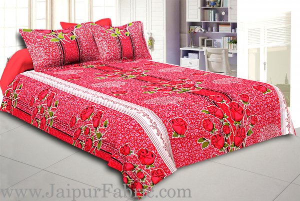 Red Base Flower Print White Border Double Bed Sheet