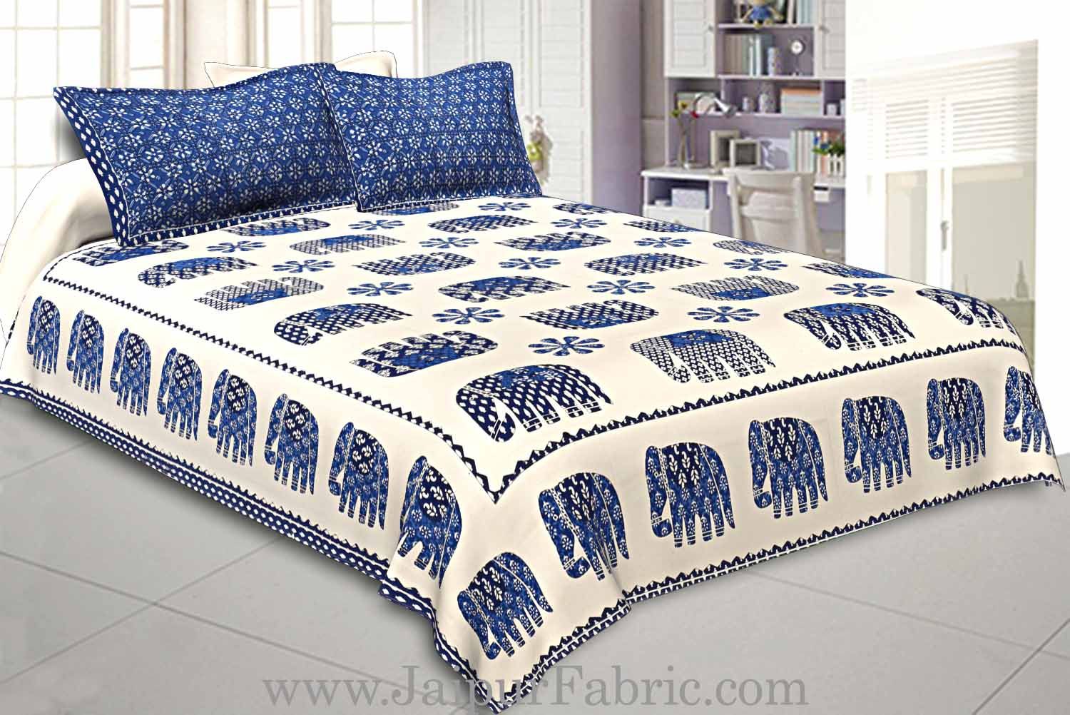 Double Bed Sheet Blue Color Elephant Print With Two Pillow Cover